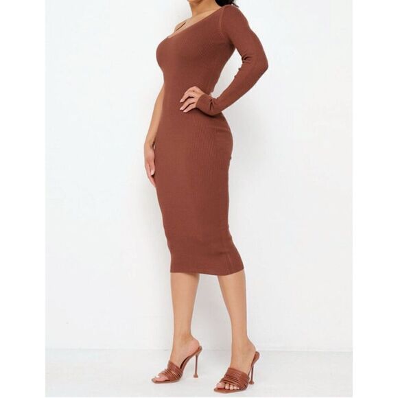 Brown one shoulder midi dress - Picture 2 of 9
